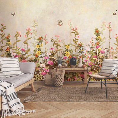 Floral Blossoms Wallpaper, Green Flowers Birds Wall Mural, Oversized Custom Size Wall Art, Non-Woven, Non-Adhesive, Modern Wall Paper, Removable - Adawall -Houston Wallpaper Store - Walcoverings, Curtains & Wall Panels