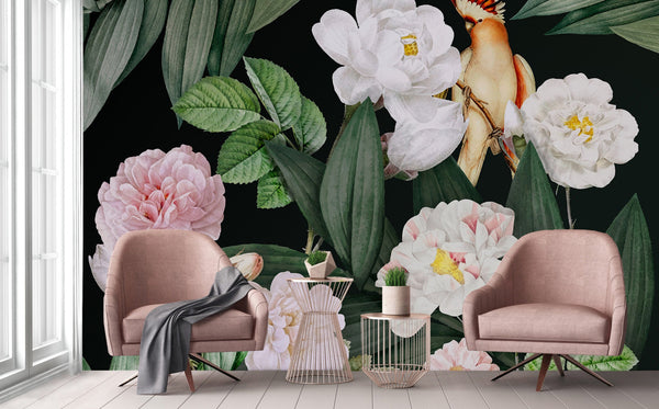 Floral Wall Mural, Green Peony Flower Parrot Wall Mural Art, Big Size Customizable Bird Theme, Non-Adhesive, Removable Wallpaper, Black, Washable, Home Interior Decor Wall Art - Adawall -Houston Wallpaper Store - Walcoverings, Curtains & Wall Panels