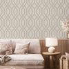 Geometric Wallpaper, 3D Embossed Modern Flocked Wallcovering, White, Silver Fabric Touch Contemporary Washable, Extra Large 177 sq ft Roll - Walloro High End Wallcoverings & More