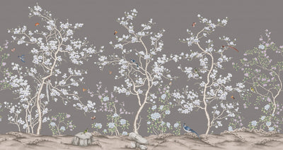 Gray Chinoiserie Floral Wall Mural, Birds Tree Flowers Wallpaper, Custom Size Wall Covering, Non-Woven, Non-Adhesive, Removable, Washable - Adawall -Houston Wallpaper Store - Walcoverings, Curtains & Wall Panels