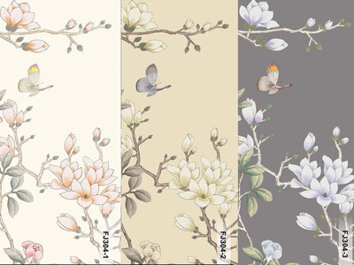 Gray Chinoiserie Floral Wall Mural, Birds Tree Flowers Wallpaper, Custom Size Wall Covering, Non-Woven, Non-Adhesive, Removable, Washable - Adawall -Houston Wallpaper Store - Walcoverings, Curtains & Wall Panels