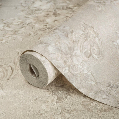 Gray Flowered Beige Embossed Wallpaper, Home Wall Decor, Aesthetic Wallpaper, Textured Wallcovering Non-Adhesive- 41.7”W X 393”H - Adawall -Houston Wallpaper Store - Walcoverings, Curtains & Wall Panels