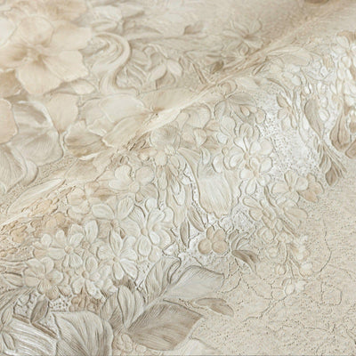 Gray Flowered Beige Embossed Wallpaper, Home Wall Decor, Aesthetic Wallpaper, Textured Wallcovering Non-Adhesive- 41.7”W X 393”H - Adawall -Houston Wallpaper Store - Walcoverings, Curtains & Wall Panels
