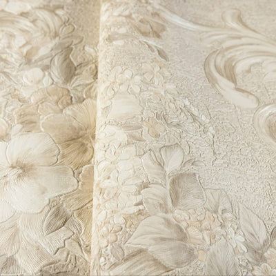 Gray Flowered Beige Embossed Wallpaper, Home Wall Decor, Aesthetic Wallpaper, Textured Wallcovering Non-Adhesive- 41.7”W X 393”H - Adawall -Houston Wallpaper Store - Walcoverings, Curtains & Wall Panels