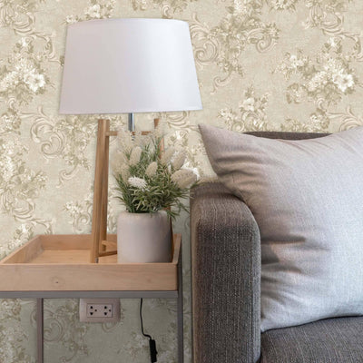 Gray Flowered Beige Embossed Wallpaper, Home Wall Decor, Aesthetic Wallpaper, Textured Wallcovering Non-Adhesive- 41.7”W X 393”H - Adawall -Houston Wallpaper Store - Walcoverings, Curtains & Wall Panels