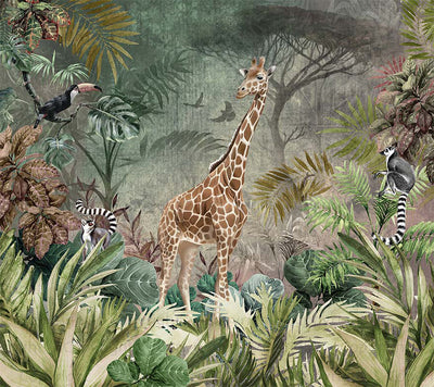 Gray Tropical Forest Theme Wallpaper, Animals Wall Mural, Giraffe, Birds, Leaves, Jungle, Non-Pasted, Large Wall Art, Removable, Nature Theme - Adawall -Houston Wallpaper Store - Walcoverings, Curtains & Wall Panels