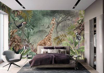 Gray Tropical Forest Theme Wallpaper, Animals Wall Mural, Giraffe, Birds, Leaves, Jungle, Non-Pasted, Large Wall Art, Removable, Nature Theme - Adawall -Houston Wallpaper Store - Walcoverings, Curtains & Wall Panels