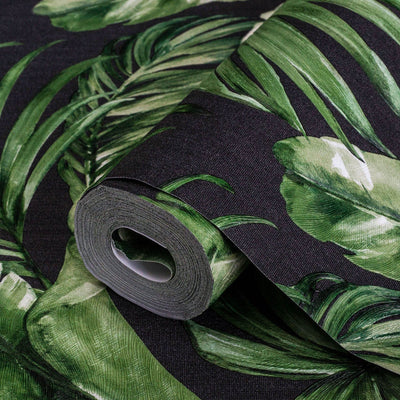 Green Black Palm Trees Embossed Wallpaper, Rich Textured Wallcovering, Large 114 sq ft Roll, Washable, Sturdy, Plants Leaves, Green Wall Decor - Adawall -Houston Wallpaper Store - Walcoverings, Curtains & Wall Panels