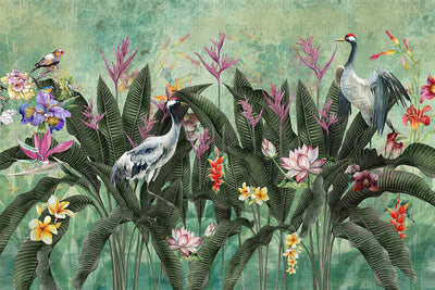 Green Jungle Birds Wallpaper, Nature Forest Tropical Theme Wall Mural, Extra Large Customizable, Non-Adhesive, Removable Wall Paper, Leaves Flower - Adawall -Houston Wallpaper Store - Walcoverings, Curtains & Wall Panels
