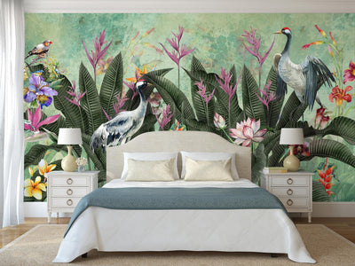 Green Jungle Birds Wallpaper, Nature Forest Tropical Theme Wall Mural, Extra Large Customizable, Non-Adhesive, Removable Wall Paper, Leaves Flower - Adawall -Houston Wallpaper Store - Walcoverings, Curtains & Wall Panels