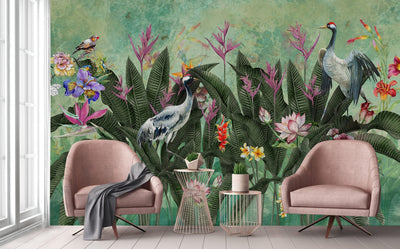 Green Jungle Birds Wallpaper, Nature Forest Tropical Theme Wall Mural, Extra Large Customizable, Non-Adhesive, Removable Wall Paper, Leaves Flower - Adawall -Houston Wallpaper Store - Walcoverings, Curtains & Wall Panels