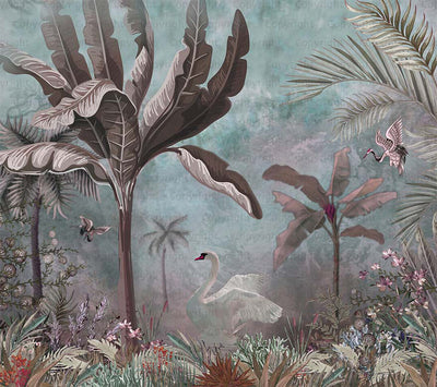 Green Modern Luxury Tropical Wallpaper, Swan, Non-Woven Custom Wall Mural, Non-Adhesive, Washable, Decorative, Removable, Home Decor Wall Art - Adawall -Houston Wallpaper Store - Walcoverings, Curtains & Wall Panels