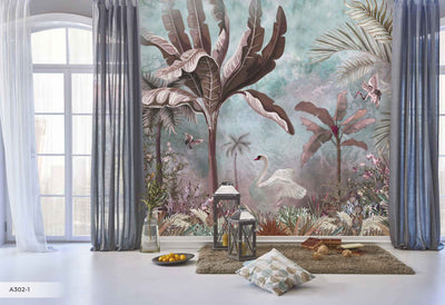 Green Modern Luxury Tropical Wallpaper, Swan, Non-Woven Custom Wall Mural, Non-Adhesive, Washable, Decorative, Removable, Home Decor Wall Art - Adawall -Houston Wallpaper Store - Walcoverings, Curtains & Wall Panels