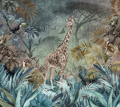 Green Tropical Forest Theme Wallpaper, Animals Wall Mural, Giraffe, Birds, Leaves, Jungle, Non-Pasted, Large Wall Art, Removable, Nature Theme - Adawall -Houston Wallpaper Store - Walcoverings, Curtains & Wall Panels