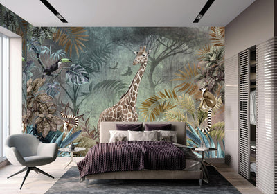 Green Tropical Forest Theme Wallpaper, Animals Wall Mural, Giraffe, Birds, Leaves, Jungle, Non-Pasted, Large Wall Art, Removable, Nature Theme - Adawall -Houston Wallpaper Store - Walcoverings, Curtains & Wall Panels
