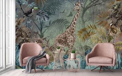 Green Tropical Forest Theme Wallpaper, Animals Wall Mural, Giraffe, Birds, Leaves, Jungle, Non-Pasted, Large Wall Art, Removable, Nature Theme - Adawall -Houston Wallpaper Store - Walcoverings, Curtains & Wall Panels