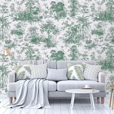 Green Tropical Toile Textured Wallpaper, Stylish Plants Animals Jungle Forest Theme Wallcovering - Adawall -Houston Wallpaper Store - Walcoverings, Curtains & Wall Panels