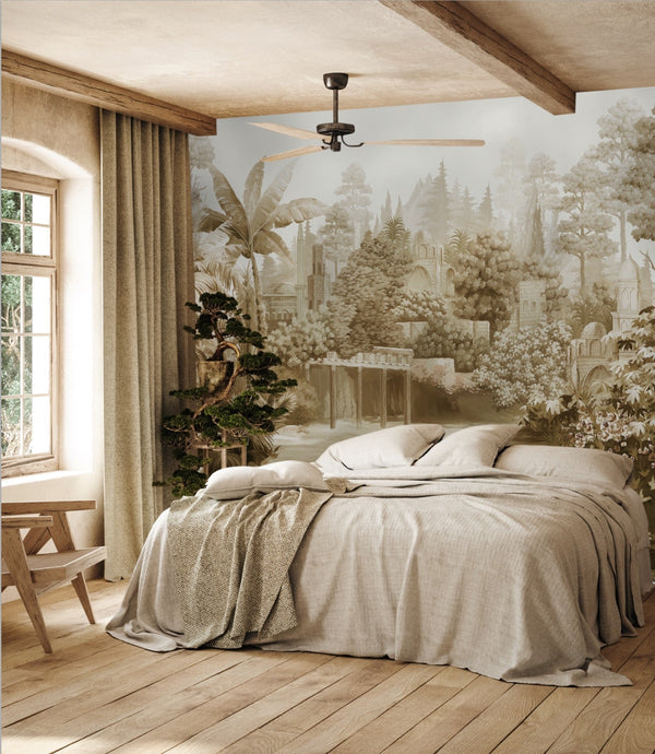 India Scene Wallpaper, Beige Vintage Historical Indian Wall Mural, Tropical, Custom Size Wall Covering, Non-Woven, Non-Adhesive, Removable, Durable - Adawall -Houston Wallpaper Store - Walcoverings, Curtains & Wall Panels