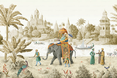 Indian Elephant Scene Wallpaper, Early Morning of India Historical Wall Mural, Beige Custom Size Wall Covering, Non-Woven, Non-Pasted, Removable - Adawall -Houston Wallpaper Store - Walcoverings, Curtains & Wall Panels
