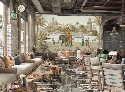 Indian Elephant Scene Wallpaper, Early Morning of India Historical Wall Mural, Beige Custom Size Wall Covering, Non-Woven, Non-Pasted, Removable - Adawall -Houston Wallpaper Store - Walcoverings, Curtains & Wall Panels