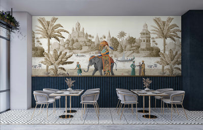 Indian Elephant Scene Wallpaper, Early Morning of India Historical Wall Mural, Beige Custom Size Wall Covering, Non-Woven, Non-Pasted, Removable - Adawall -Houston Wallpaper Store - Walcoverings, Curtains & Wall Panels