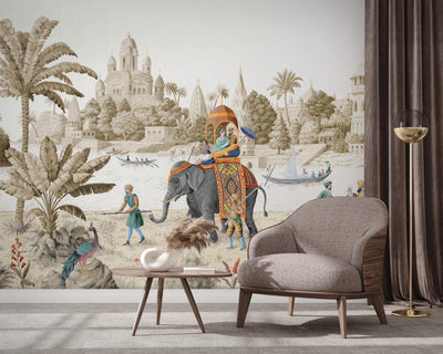 Indian Elephant Scene Wallpaper, Early Morning of India Historical Wall Mural, Beige Custom Size Wall Covering, Non-Woven, Non-Pasted, Removable - Adawall -Houston Wallpaper Store - Walcoverings, Curtains & Wall Panels