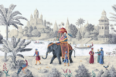 Indian Elephant Scene Wallpaper, Early Morning of India Historical Wall Mural, Blue Custom Size Wall Covering, Non-Woven, Non-Pasted, Removable - Adawall -Houston Wallpaper Store - Walcoverings, Curtains & Wall Panels