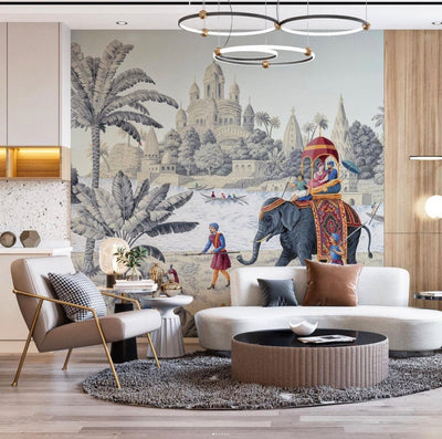Indian Elephant Scene Wallpaper, Early Morning of India Historical Wall Mural, Blue Custom Size Wall Covering, Non-Woven, Non-Pasted, Removable - Adawall -Houston Wallpaper Store - Walcoverings, Curtains & Wall Panels