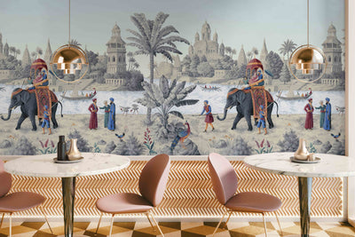 Indian Elephant Scene Wallpaper, Early Morning of India Historical Wall Mural, Blue Custom Size Wall Covering, Non-Woven, Non-Pasted, Removable - Adawall -Houston Wallpaper Store - Walcoverings, Curtains & Wall Panels