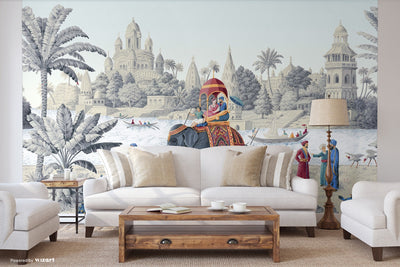Indian Elephant Scene Wallpaper, Early Morning of India Historical Wall Mural, Blue Custom Size Wall Covering, Non-Woven, Non-Pasted, Removable - Adawall -Houston Wallpaper Store - Walcoverings, Curtains & Wall Panels