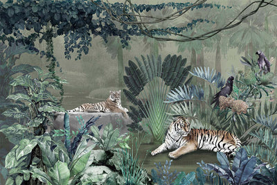 jungle Tigers Wall Mural, Green Nature Forest Theme Wallpaper, Custom Large Wall Mural, Non-Adhesive, Washable, Removable Wall Paper, Birds, Non-Woven Back - Adawall -Houston Wallpaper Store - Walcoverings, Curtains & Wall Panels