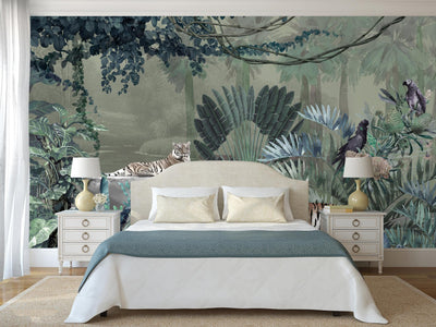 jungle Tigers Wall Mural, Green Nature Forest Theme Wallpaper, Custom Large Wall Mural, Non-Adhesive, Washable, Removable Wall Paper, Birds, Non-Woven Back - Adawall -Houston Wallpaper Store - Walcoverings, Curtains & Wall Panels