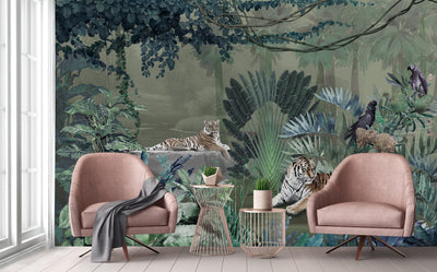 jungle Tigers Wall Mural, Green Nature Forest Theme Wallpaper, Custom Large Wall Mural, Non-Adhesive, Washable, Removable Wall Paper, Birds, Non-Woven Back - Adawall -Houston Wallpaper Store - Walcoverings, Curtains & Wall Panels