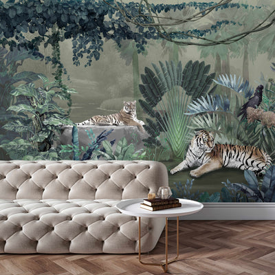jungle Tigers Wall Mural, Green Nature Forest Theme Wallpaper, Custom Large Wall Mural, Non-Adhesive, Washable, Removable Wall Paper, Birds, Non-Woven Back - Adawall -Houston Wallpaper Store - Walcoverings, Curtains & Wall Panels