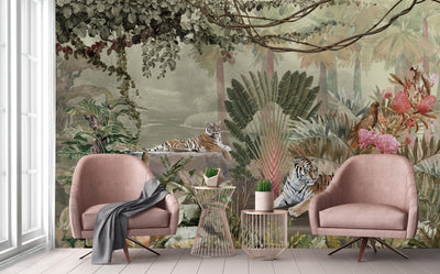 jungle Tigers Wall Mural, Ivory Nature Forest Theme Wallpaper, Custom Large Wall Mural, Non-Adhesive, Washable, Removable Wall Paper, Birds, Non-Woven Back - Adawall -Houston Wallpaper Store - Walcoverings, Curtains & Wall Panels