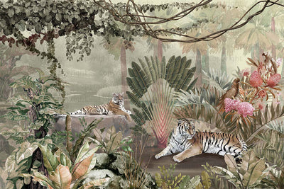 jungle Tigers Wall Mural, Ivory Nature Forest Theme Wallpaper, Custom Large Wall Mural, Non-Adhesive, Washable, Removable Wall Paper, Birds, Non-Woven Back - Adawall -Houston Wallpaper Store - Walcoverings, Curtains & Wall Panels