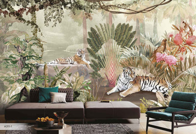 jungle Tigers Wall Mural, Ivory Nature Forest Theme Wallpaper, Custom Large Wall Mural, Non-Adhesive, Washable, Removable Wall Paper, Birds, Non-Woven Back - Adawall -Houston Wallpaper Store - Walcoverings, Curtains & Wall Panels
