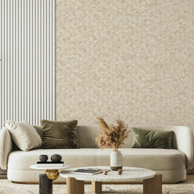 Jute Basket Weave Chevron Wallpaper, Beige 3D Deep Embossed Non-Woven Braided Geometric Pattern - Adawall -Houston Wallpaper Store - Walcoverings, Curtains & Wall Panels