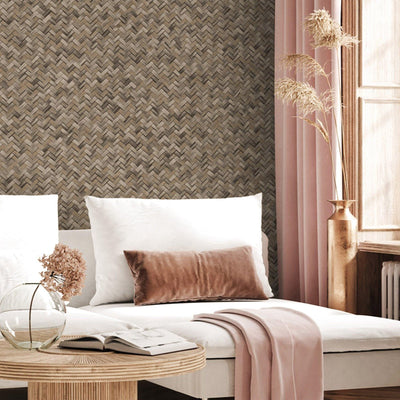 Jute Basket Weave Chevron Wallpaper, Brown 3D Deep Embossed Non-Woven Braided Geometric Pattern - Adawall -Houston Wallpaper Store - Walcoverings, Curtains & Wall Panels