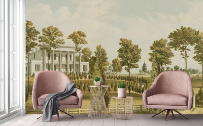 Landscape Scenic Wallpaper, Historical European Wall Mural, Light Green Custom Size Wall Covering, Non-Woven, Non-Adhesive, Removable, Washable - Adawall -Houston Wallpaper Store - Walcoverings, Curtains & Wall Panels