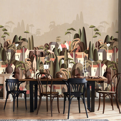Landscape Wall Mural Houses Cityscape Stylish Wallpaper, Light Beige Oversized Custom Size Wall Covering, Non-Woven, Non-Adhesive, Modern Large Art - Adawall -Houston Wallpaper Store - Walcoverings, Curtains & Wall Panels