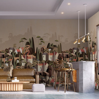 Landscape Wall Mural Houses Cityscape Stylish Wallpaper, Light Beige Oversized Custom Size Wall Covering, Non-Woven, Non-Adhesive, Modern Large Art - Adawall -Houston Wallpaper Store - Walcoverings, Curtains & Wall Panels