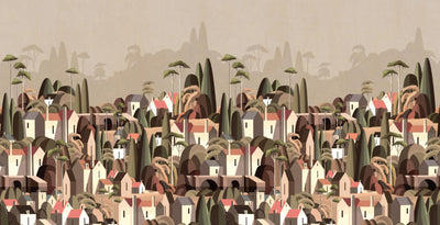 Landscape Wall Mural Houses Cityscape Stylish Wallpaper, Light Beige Oversized Custom Size Wall Covering, Non-Woven, Non-Adhesive, Modern Large Art - Adawall -Houston Wallpaper Store - Walcoverings, Curtains & Wall Panels