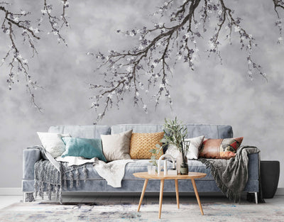 Large Blossom Tree Wallpaper, Gray Chinoiserie Nature Flowers Wall Mural, Custom Size Wall Covering, Non-Woven, Non-Pasted, Removable, Washable, Floral Art - Adawall -Houston Wallpaper Store - Walcoverings, Curtains & Wall Panels