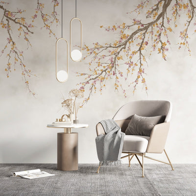 Large Blossom Tree Wallpaper, Yellow Chinoiserie Nature Flowers Wall Mural, Custom Size Wall Covering, Non-Woven, Non-Pasted, Removable, Washable, Floral Art - Adawall -Houston Wallpaper Store - Walcoverings, Curtains & Wall Panels