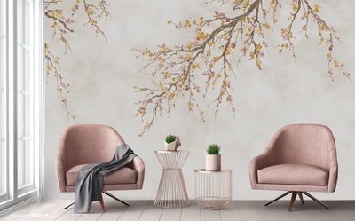 Large Blossom Tree Wallpaper, Yellow Chinoiserie Nature Flowers Wall Mural, Custom Size Wall Covering, Non-Woven, Non-Pasted, Removable, Washable, Floral Art - Adawall -Houston Wallpaper Store - Walcoverings, Curtains & Wall Panels