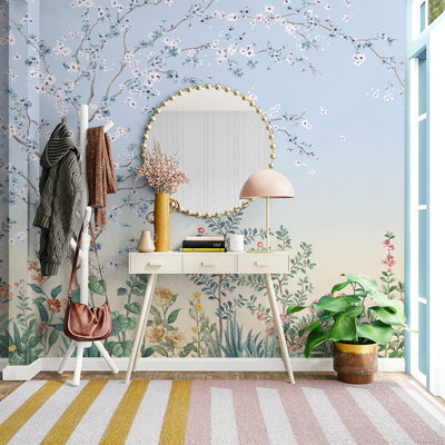 Large Chinoiserie Blossom Floral Wallpaper, Blue Ombre Flowers Birds Wall Mural, Custom Size Wall Covering, Non-Woven, Non-Pasted, Removable - Adawall -Houston Wallpaper Store - Walcoverings, Curtains & Wall Panels