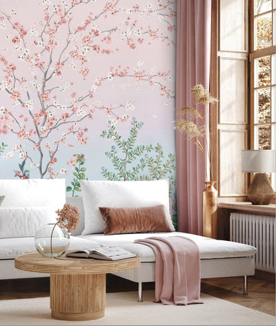 Large Chinoiserie Blossom Floral Wallpaper, Pink Ombre Flowers Birds Wall Mural, Custom Size Wall Covering, Non-Woven, Non-Pasted, Removable - Adawall -Houston Wallpaper Store - Walcoverings, Curtains & Wall Panels