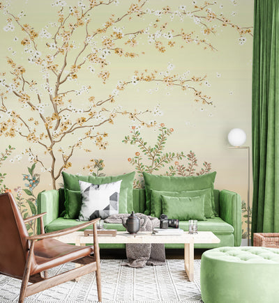 Large Chinoiserie Blossom Floral Wallpaper, Yellow Ombre Flowers Birds Wall Mural, Custom Size Wall Covering, Non-Woven, Non-Pasted, Removable - Adawall -Houston Wallpaper Store - Walcoverings, Curtains & Wall Panels