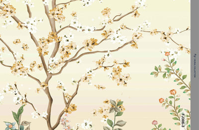 Large Chinoiserie Blossom Floral Wallpaper, Yellow Ombre Flowers Birds Wall Mural, Custom Size Wall Covering, Non-Woven, Non-Pasted, Removable - Adawall -Houston Wallpaper Store - Walcoverings, Curtains & Wall Panels